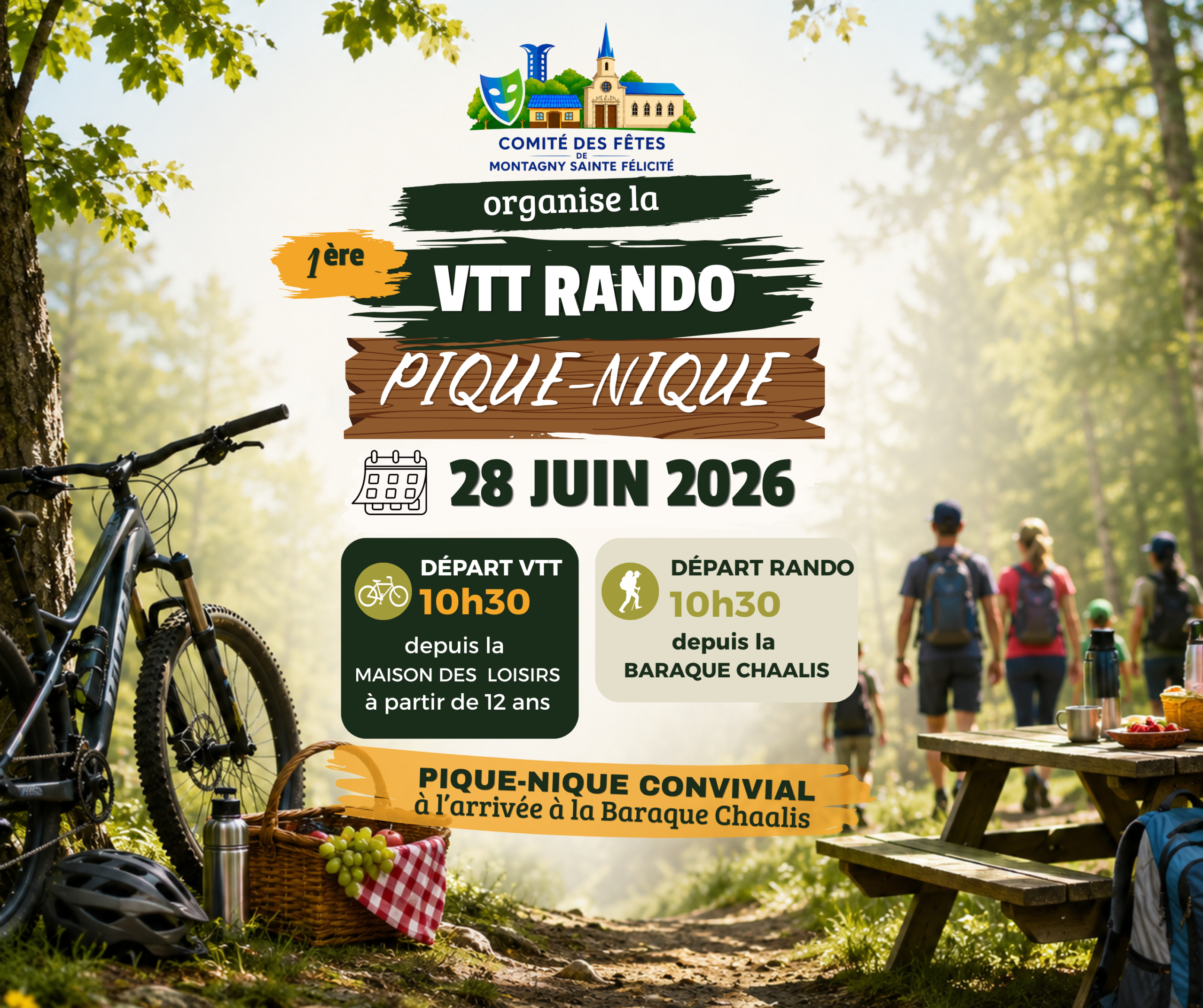 Affiche de la première édition de la VTT Rando Pique-Nique organisée à Montagny-Sainte-Félicité le 28 juin 2026 avec départ VTT et randonnée pédestre.