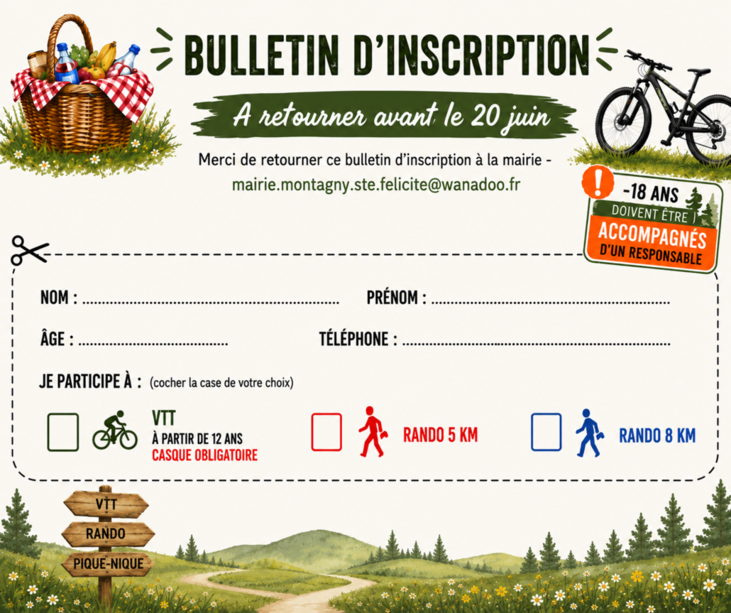 Bulletin d'inscription à retourner avant le 20 juin pour participer à la VTT Rando Pique-Nique de Montagny-Sainte-Félicité.